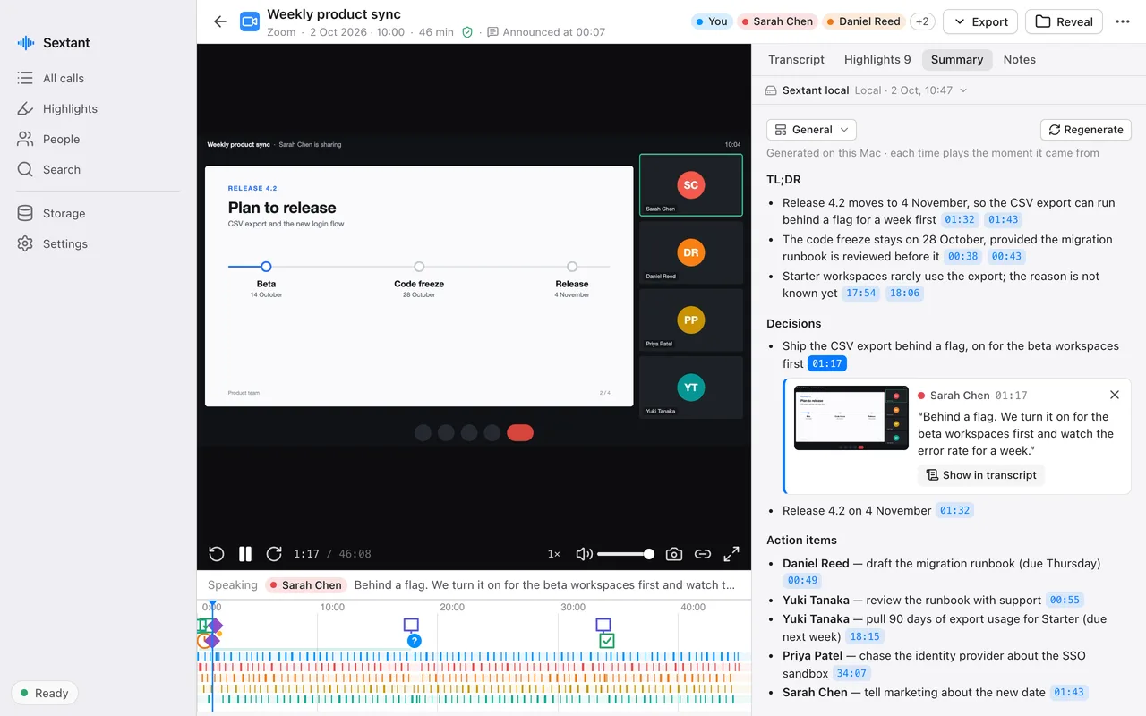 A finished call in Sextant: the recorded call window with a shared slide, a timeline of who spoke when with highlight markers, and the summary. One summary line is open and shows the quote it came from, who said it, at 01:17, with a picture of the screen at that moment.