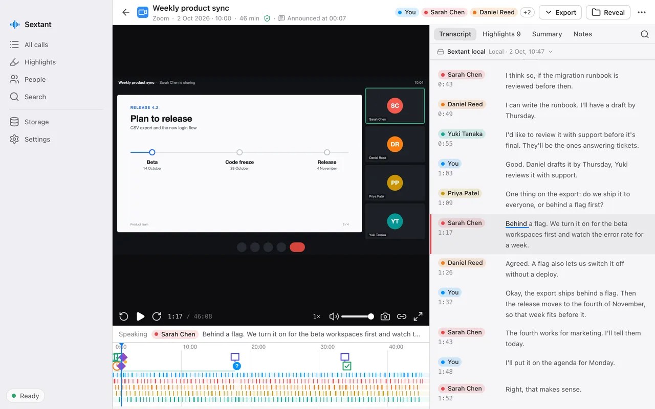A call's transcript beside the video: each turn has the speaker's name and a timestamp, and the word being played is underlined.