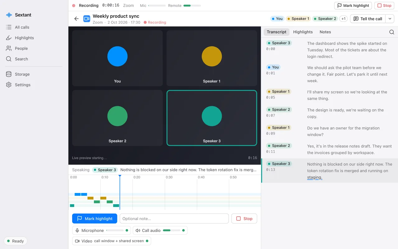 A call being recorded: the transcript appears as people speak, and indicators for the microphone, the call audio and the video show that each one is being recorded.