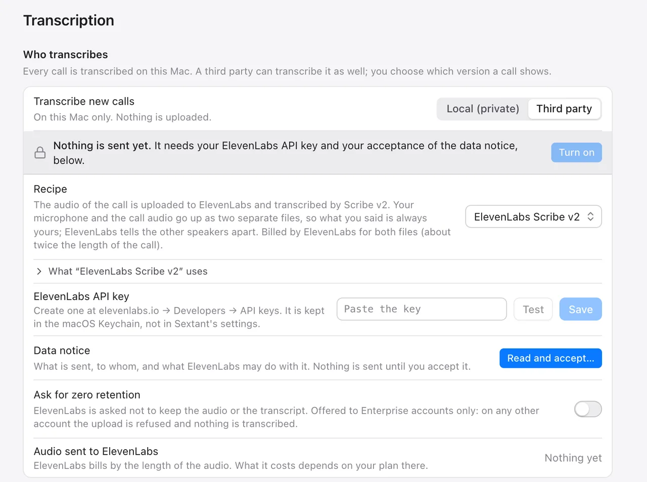 Transcription settings with Third party selected: nothing is sent until an ElevenLabs API key is stored and the data notice is accepted; an option asks for zero retention.